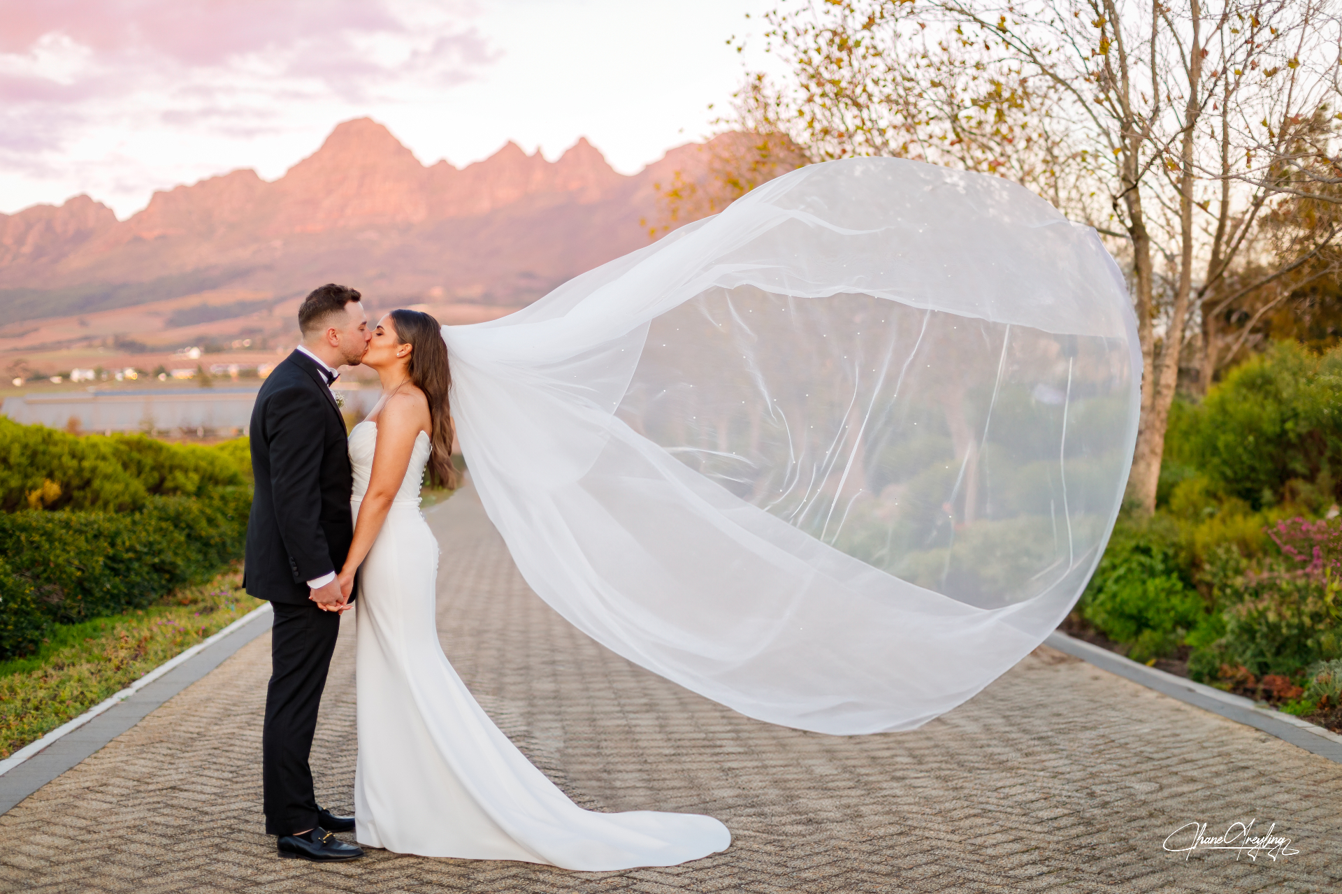 Couple kiss with flowing veil